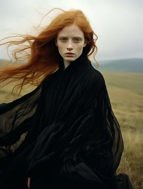 a woman in a black dress standing in a field, in style of tim walker, long cloak, long gi...