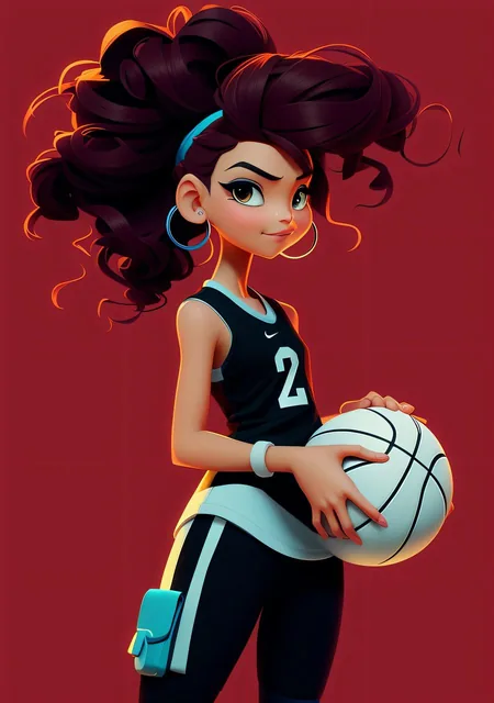 a cartoon girl with a basketball ball in her hand, cartoon concept art, 2 d illustration,...
