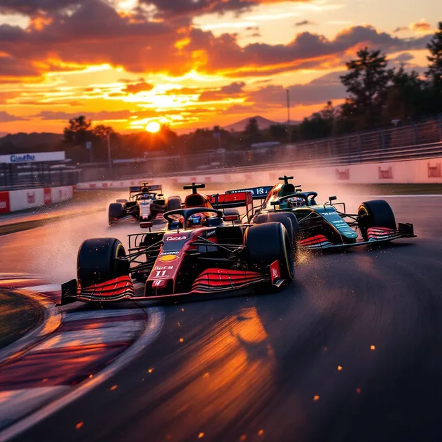 A high-speed Formula 1 race is taking place on a professional circuit during a breathtaki...