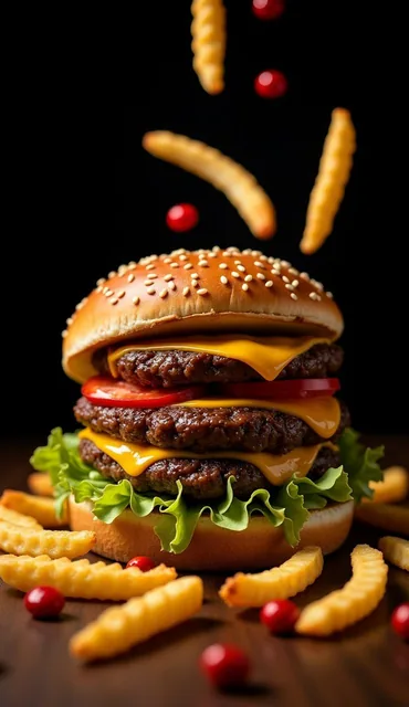 A close-up of a gourmet burger with a juicy beef patty, melted cheese, lettuce, tomato, a...