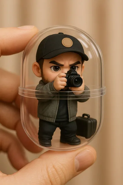 { "subject": { "type": "chibi figurine", "gender": "male", "expression": "focused", "pose...