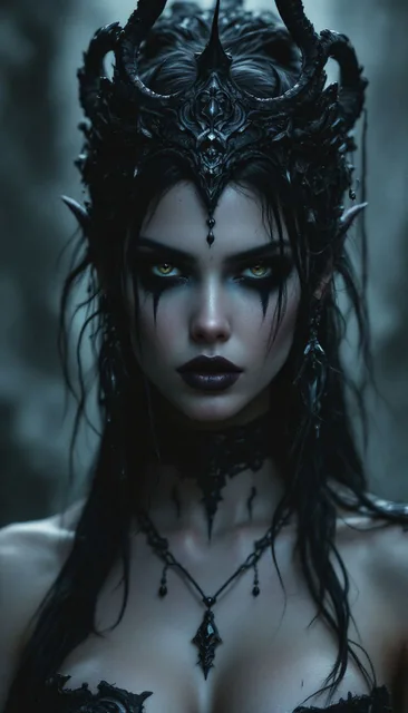 Design a photorealistic portrait of a woman with dark makeup and makeup art, set in a dar...