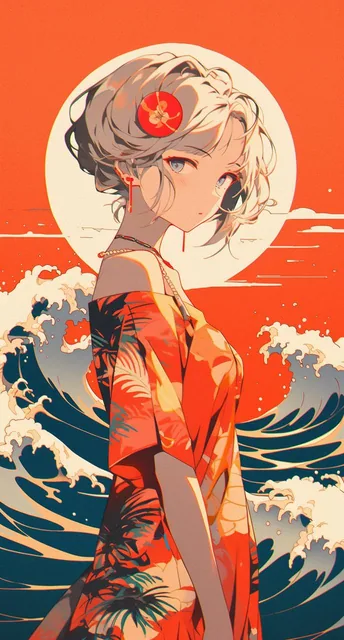 a woman in the ocean, in the style of light beige and red, hikecore, bold graphic style,...