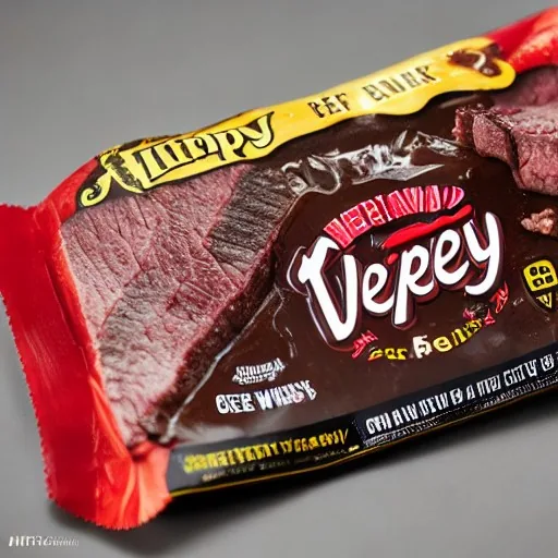 beef jerky packaging, steaks covered in gravy, product shot,, product photography, no sho...