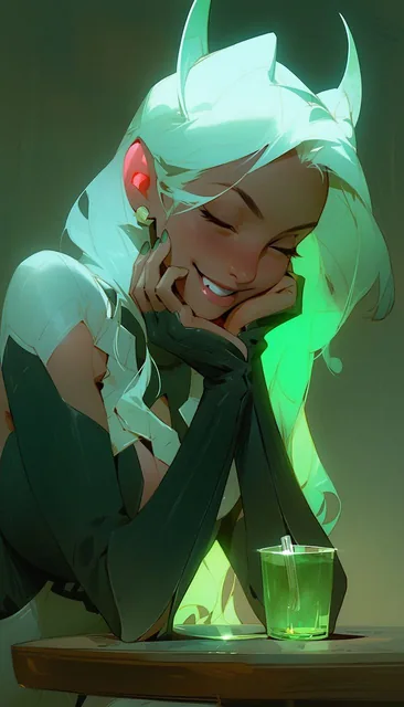 a woman sitting at a table with a cup of tea, by Ross Tran, fantasy art, green neon, with...