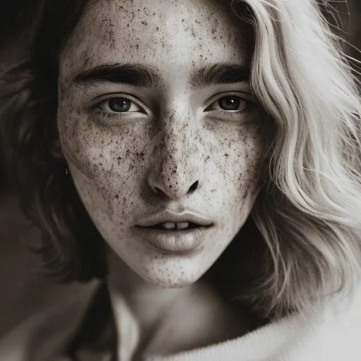Detailed and realistic portrait of a woman with freckles, round eyes and short messy hair...