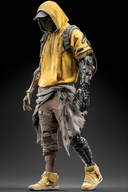 futuristic character blending advanced technology with traditional, rugged clothing. The...