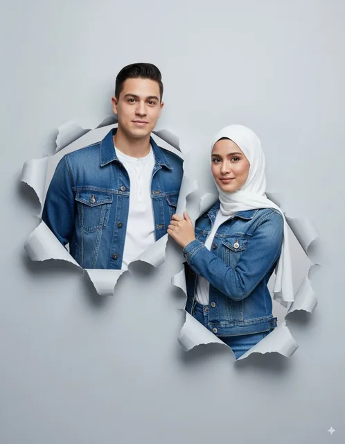 Two Moroccan couple portraits, half-body view, emerging from realistic torn paper holes o...