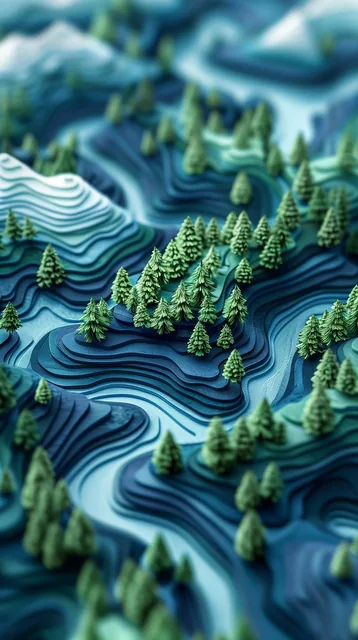 3d rendering, isometric, mountain park, paper work for a tactile style, select a color pa...