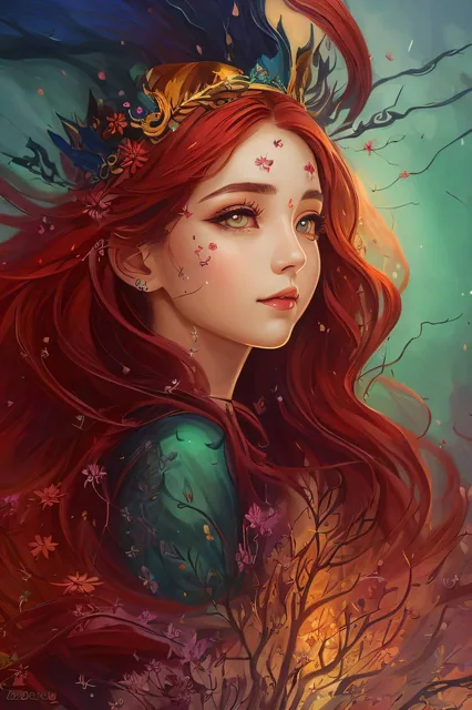 a girl with long red hair and a crown of flowers in her hair, beautiful fantasy art portr...