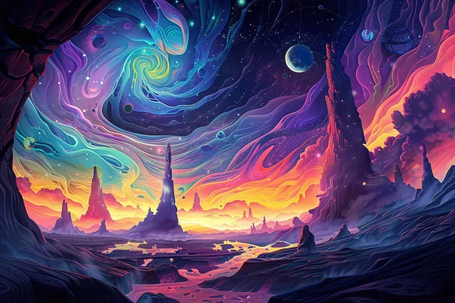 Generate an image of a breathtaking science fiction landscape that stretches beyond imagi...