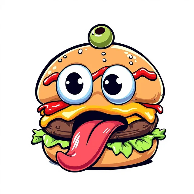 Cartoonish hamburger with expressive features, sticking out tongue. Large, exaggerated ey...