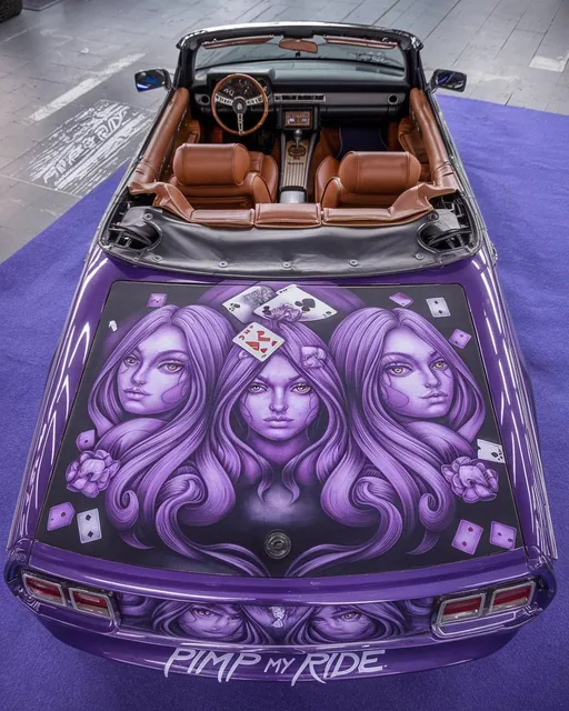 The rear Ariel drone view side of a purple convertible car. The car's trunk is adorned wi...