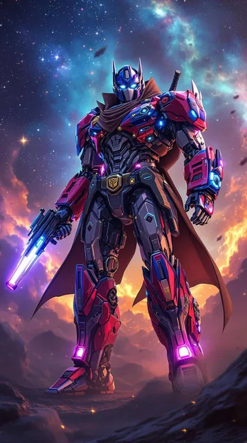 Optimus Prime as a space cowboy| futuristic western| detailed space bounty hunter attire|...