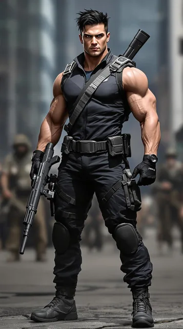 Create a full-body depiction of a strong, heroic character in a realistic style, designed...