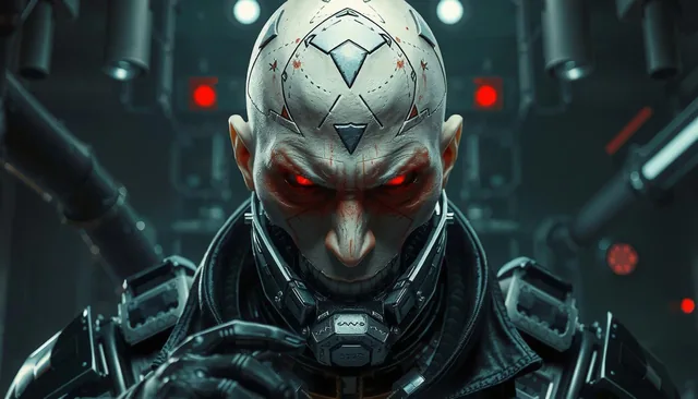 cyberpunk world, cyberpsychosis of Adam Smasher (((angry, big ,bald , wide face, back hal...