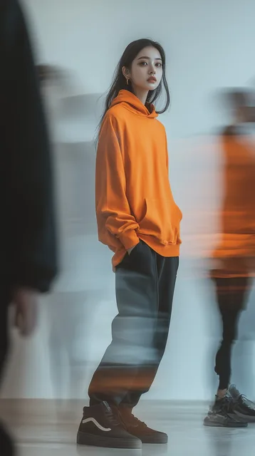 photography, snap shot, korean female model, side standing, full-body, surrounded by a bl...