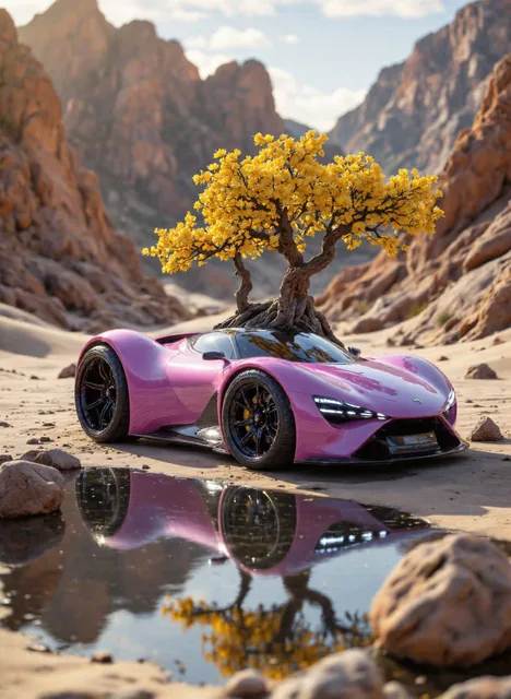 The image depicts a futuristic car situated in a surreal desert landscape. The car has a...