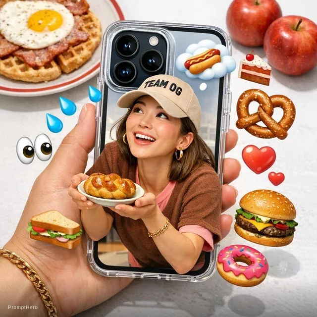 Hyper-realistic smartphone photograph, digital clarity, vibrant flat lay composition. Han...