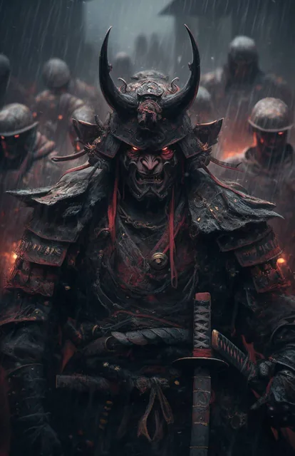 Samurai looks at the enemy, stands after the battle, fear and horror on his face, tired a...