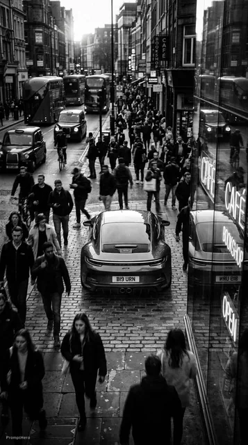 Porshe 911 :: Harsh, directional light from behind :: Busy background with lots of activi...