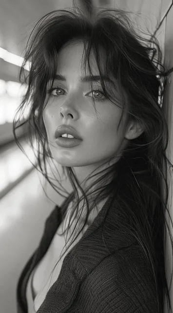 a woman with long hair in a subway station, in the style of black and white imagery, grit...