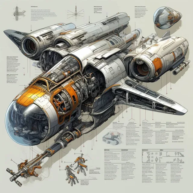 sketches blueprint of futuristic sci-fi huge spacecraft, warp engines, formulas and annot...