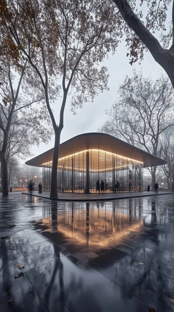 modern minimalist architecture, contemporary pavilion design, symmetrical curved structur...