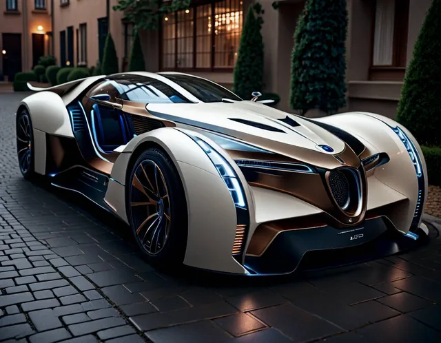 The image features a stunningly beautiful, futuristic, out-of-the box, sports car parked...