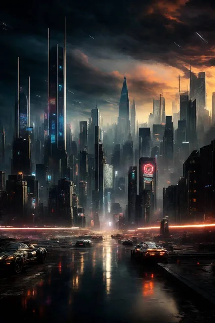 futuristic nighttime cyberpunk New York City skyline landscape vista photography by Carr...