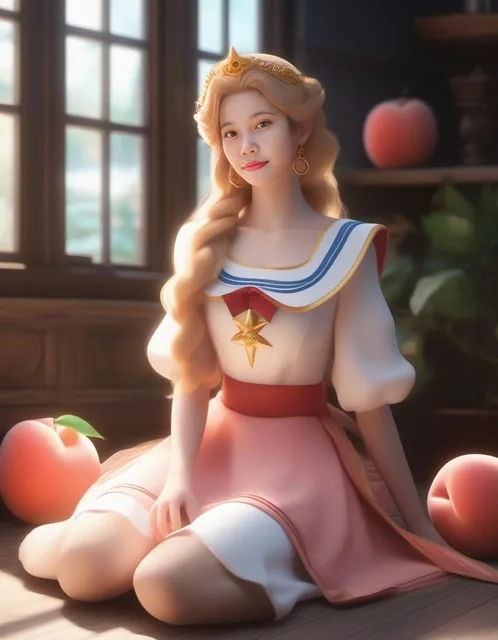 sailor girl sitting on the floor in a room with a window, portrait of princess peach, pri...