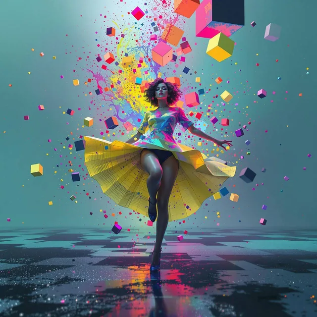 minimalistic electro music album cover, perfect cubes, hyper detailsabstract dancing girl...