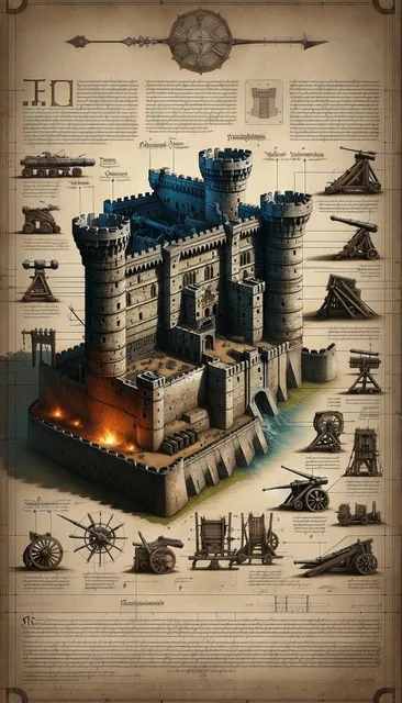 A detailed digital manuscript of a medieval castle's architecture, with a focus on its de...