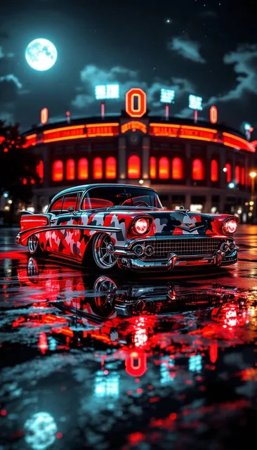 A realistic portrait of a 1958 Chery Bel-Air from a front side view. The car is lowered w...