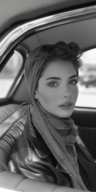 Black and white street photography of an attractive woman in leather jacket with headscar...