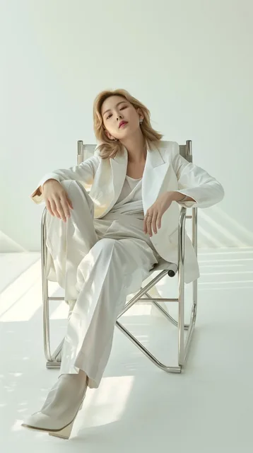 create an image of a young korean woman model with shoulder-length blonde hair, captured...