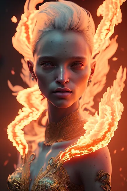 portrait of samantha prince set in fire, cinematic lighting, photorealistic, ornate, intr...