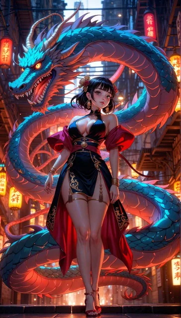 Kyoto Animation stylized anime mixed with tradition Chinese artworks~ A dragon flying at...