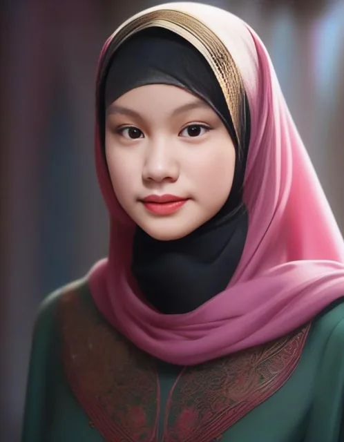 Girl, 18oyo, hazel green eyes, pink lips, black eyeliner in her eyes, (wearing a hijab:1....