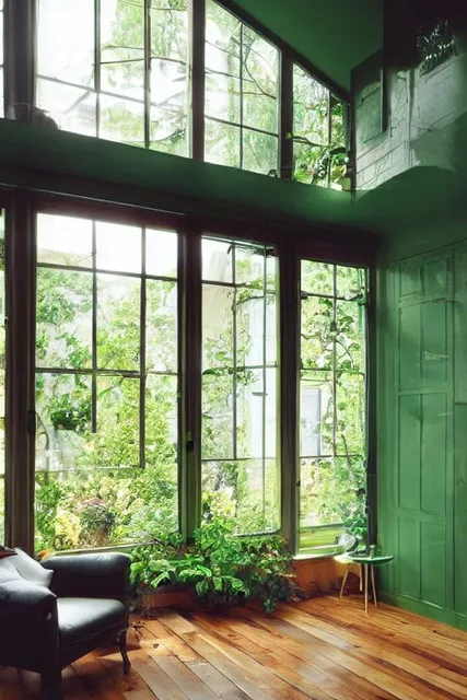 high resolution photography interior design, wooden floor, small windows opening onto the...