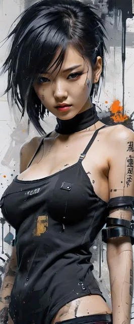 aesthetic, painterly style, modern ink, Asian girl, sensual, sultry, dark blouse, express...