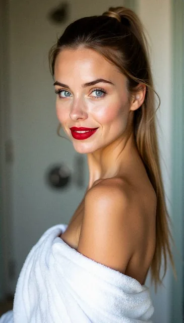 A portrait of a young woman with light brown hair in a high ponytail, smiling softly with...