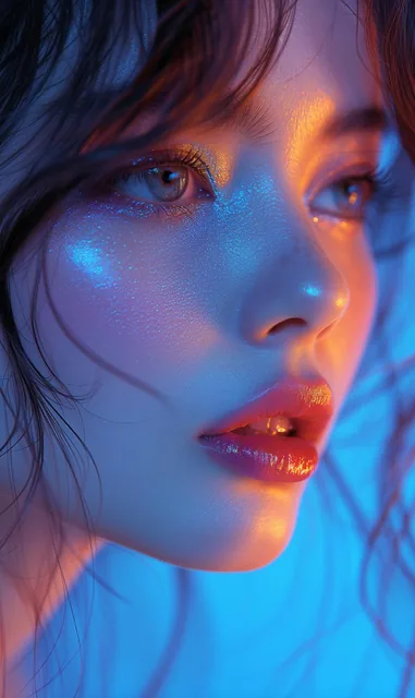 a close up of a woman with a blue eye shadow on her face, official dior editorial, trendi...
