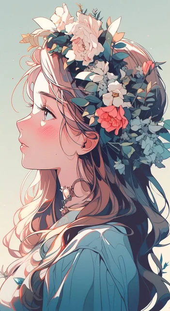 drawing an artistic digital image of a girl that has flowers in the crown, in the style o...