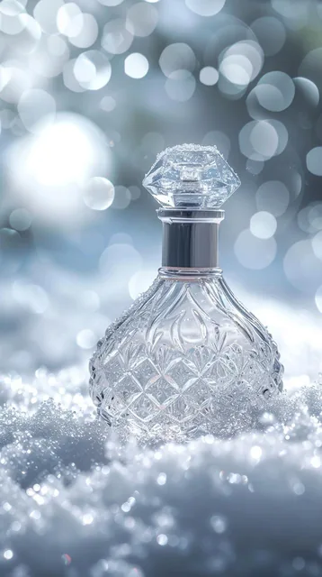 Commercial photography,snowy,luxury perfume bottle,angelic silver light, studio light, hi...