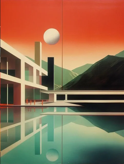 In the style of el lissitzky, Bauhaus art, epic swimming pool, futuristic, geometric form...