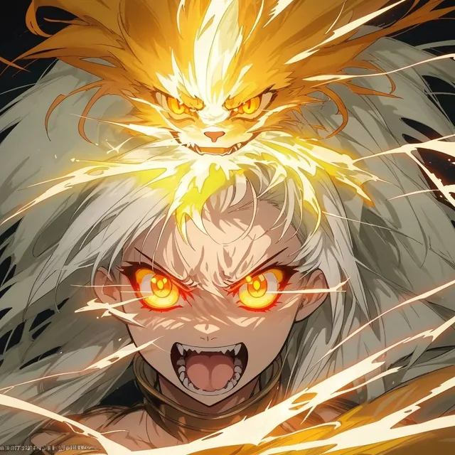 a stunning, high-quality anime artwork featuring a powerful character. The character shou...