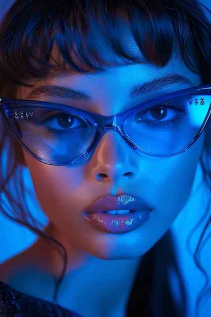 Fashion shoot, Jacquemus and Moncler collaboration: dark blue translucent futuristic sung...