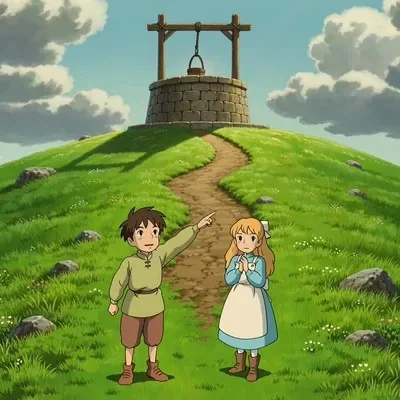 a highly detailed matte painting of a young boy and girl at the bottom of a huge hill and...