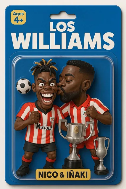 A stylized collectible action figure in a toy package labeled "Williams" for ages 4+, fea...